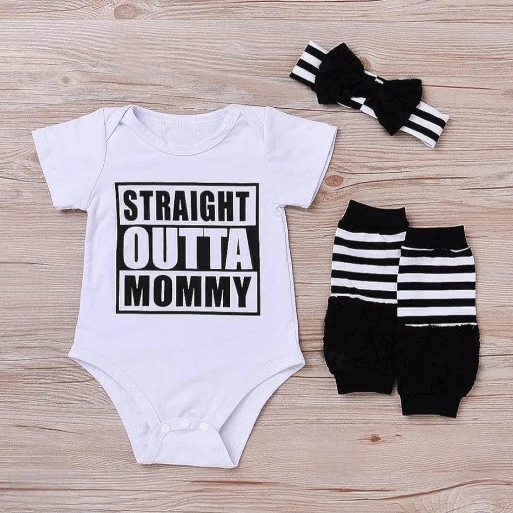 Baby Girl White Onesie Lace Striped Leg Warmers & Bow Hairband 3Pc Kids Set 0-3M